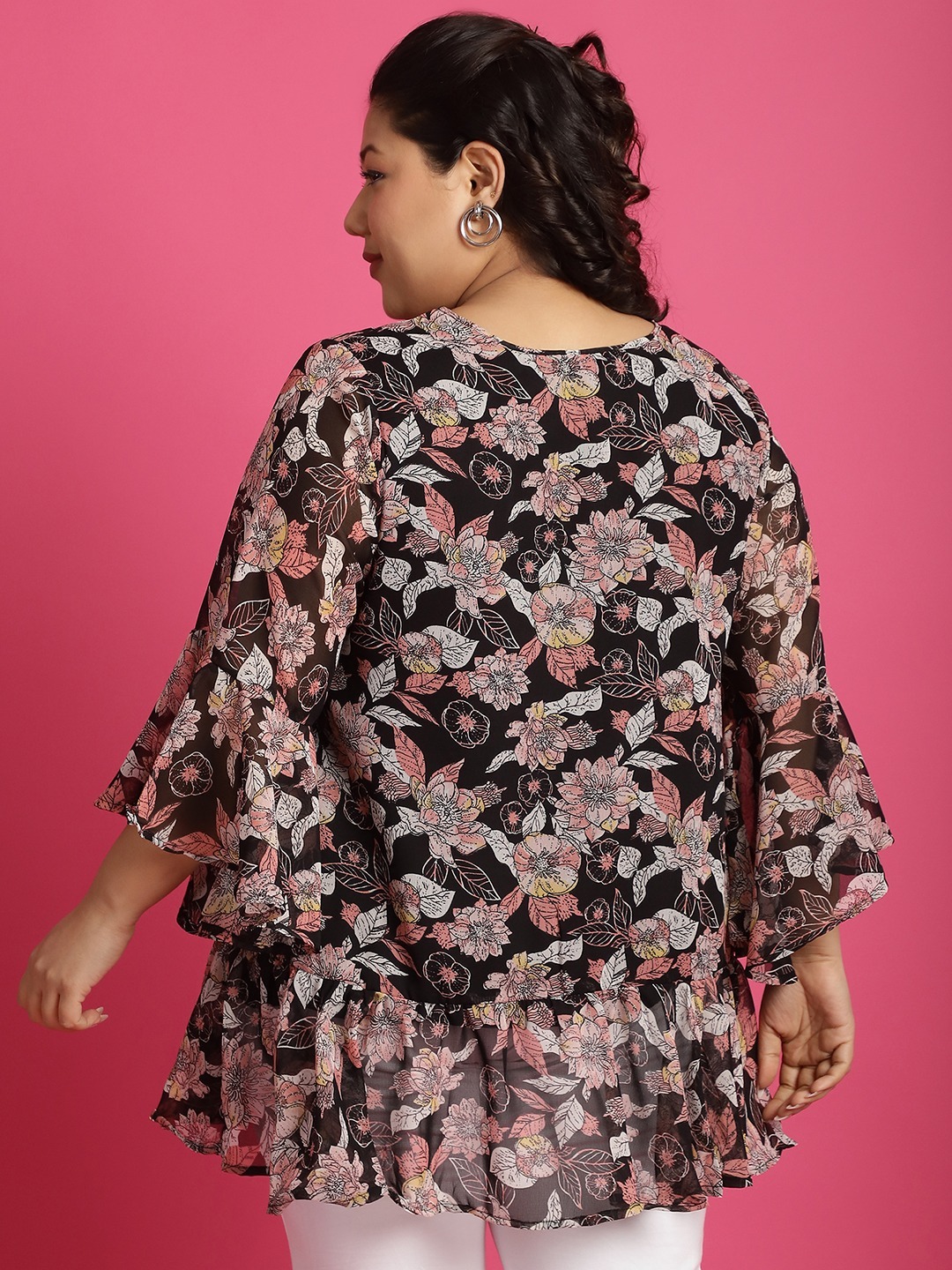 Women's Plus SizeBlack White and Pink Floral Printed Georgette Longline Wrap Top
