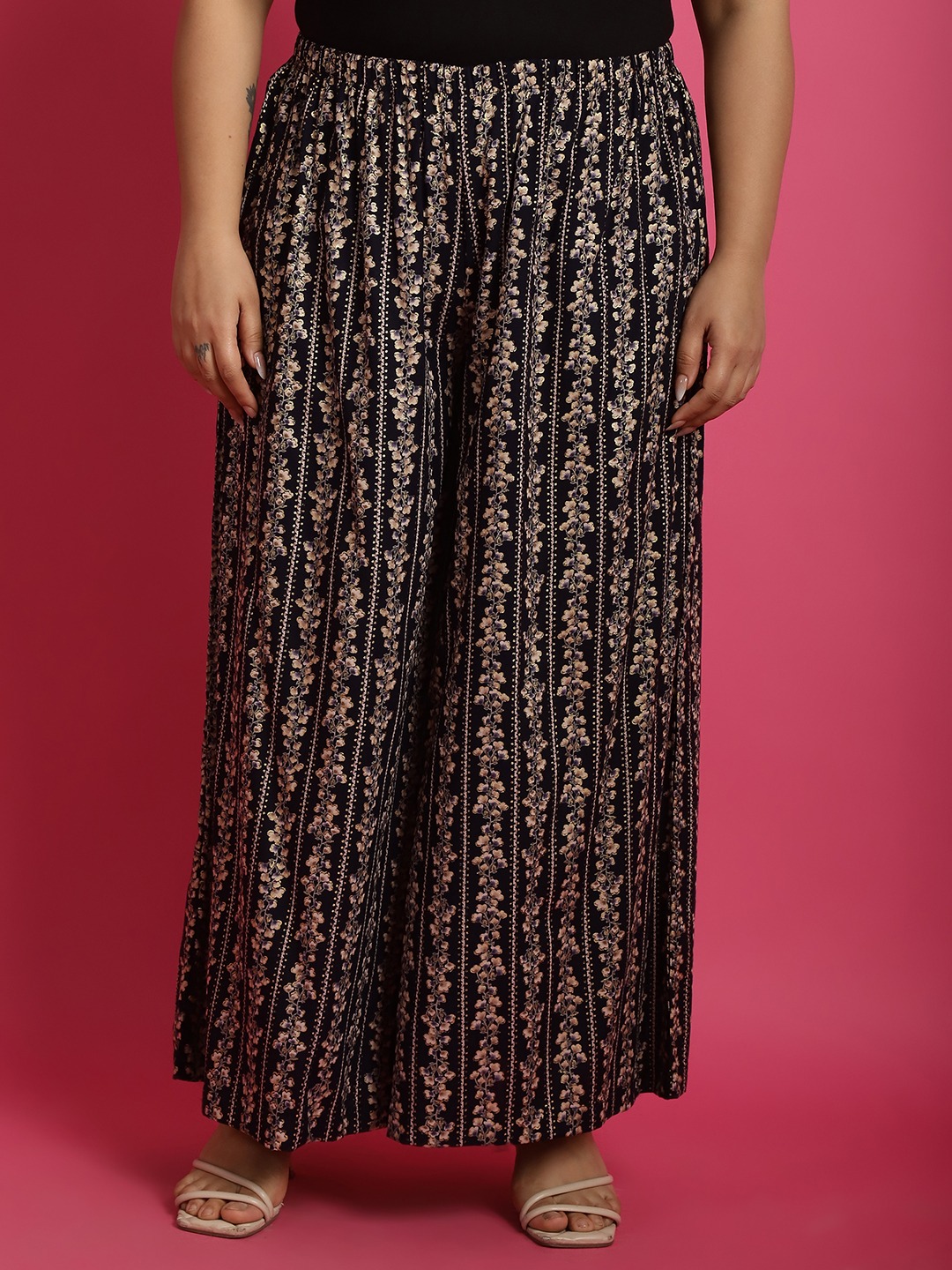 Women's Plus Size Navy Gold floral printed casual Palazzo