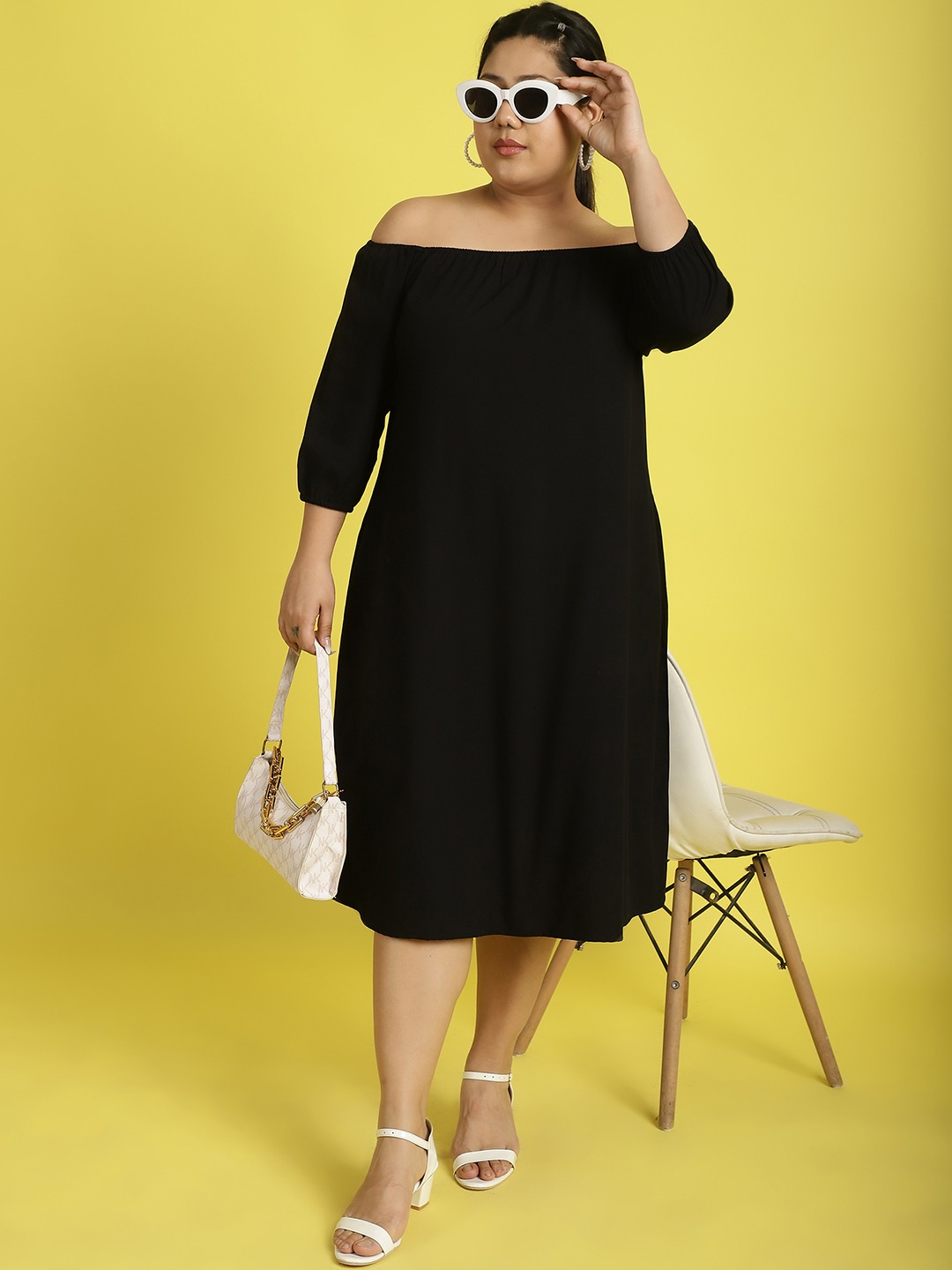 Women's Plus Size Black Solid Color gather A-Line Dress