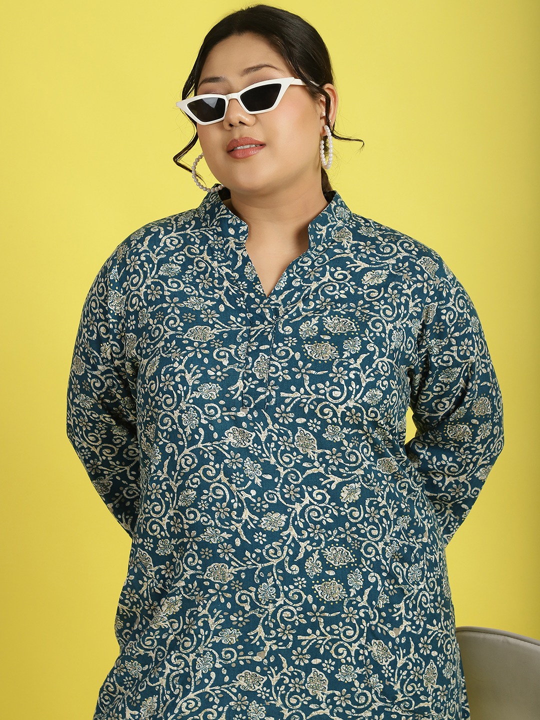 theRebelinme Plus Size Women's Teal floral batik printed Shirt Midi dress