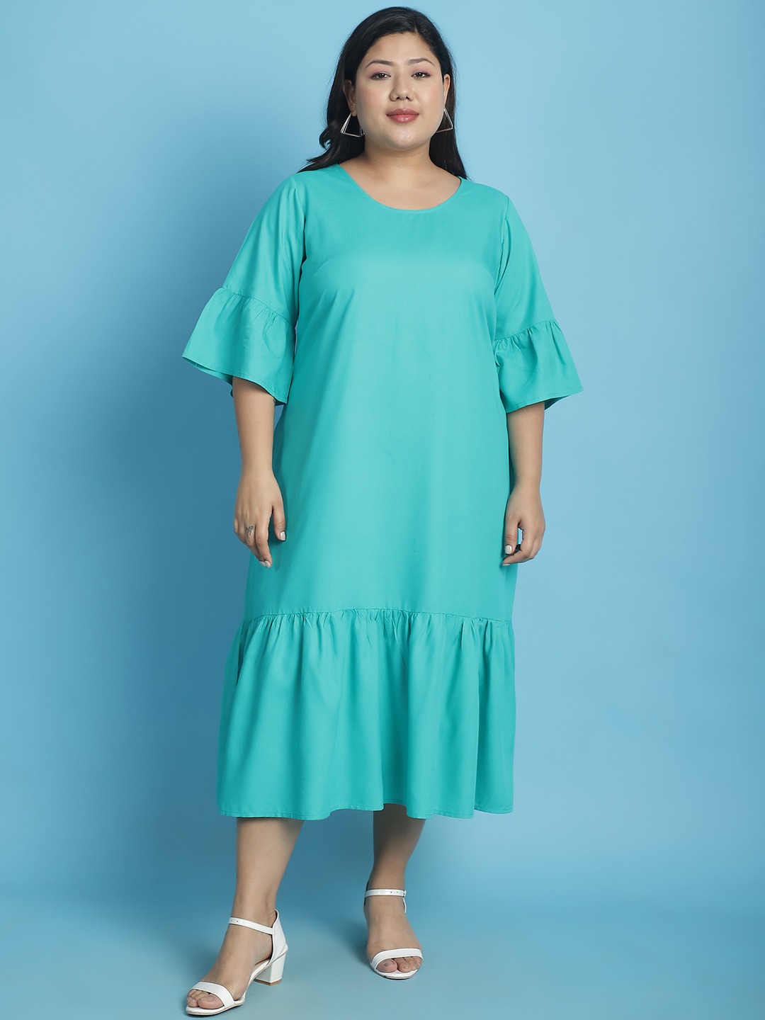 Women's Plus Size Teal Solid Color A-Line Midi Dress