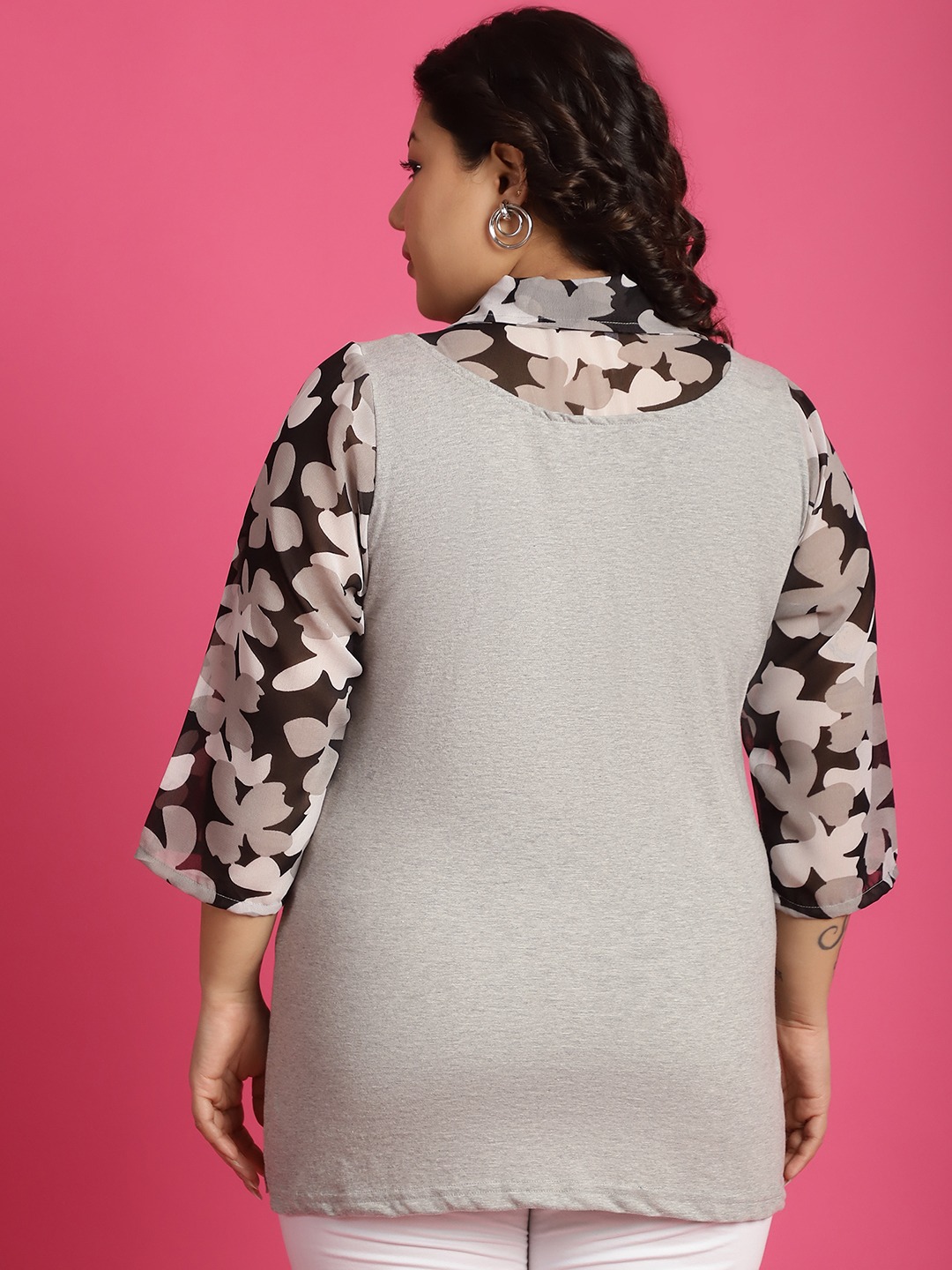 Women's Plus Size Black White and Grey floral printed Top