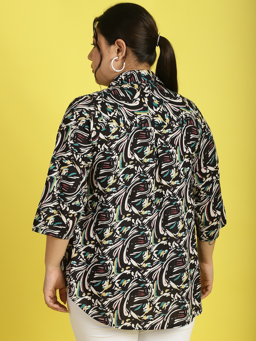 Women's Plus Size Black abstract printed casual shirt