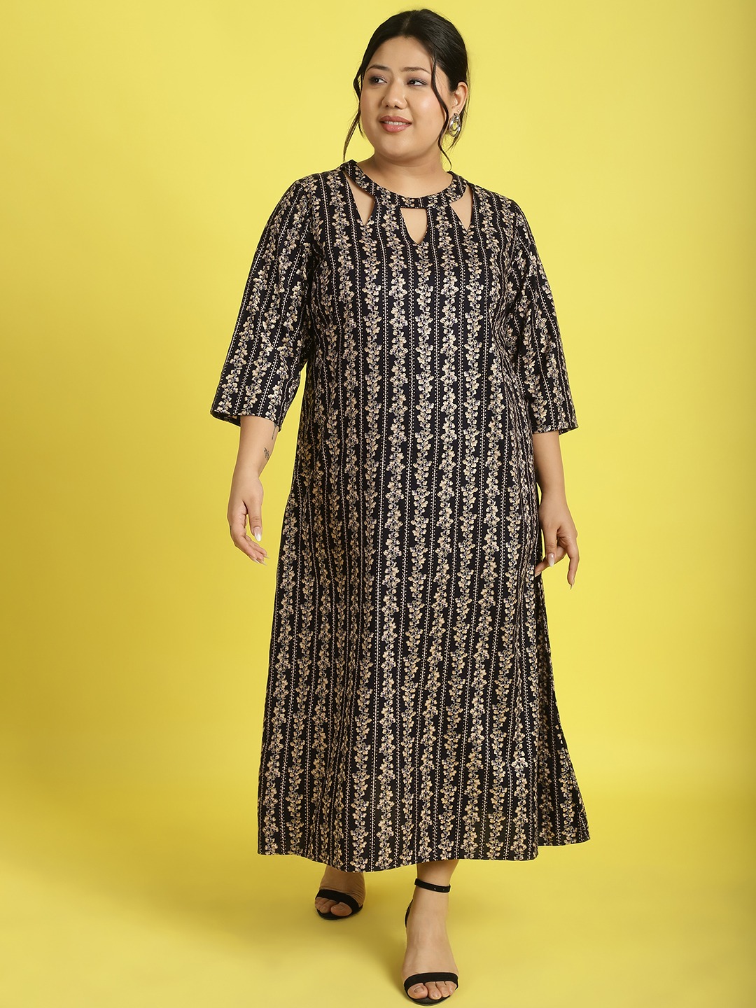 Women's Plus Size Navy Gold floral printed A-Line Midi dress