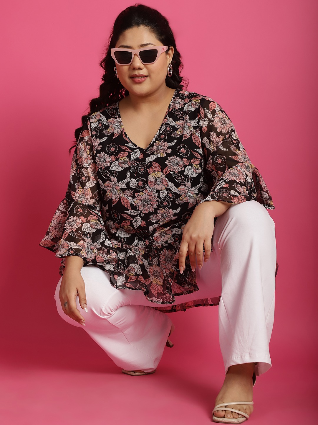 Women's Plus SizeBlack White and Pink Floral Printed Georgette Longline Wrap Top