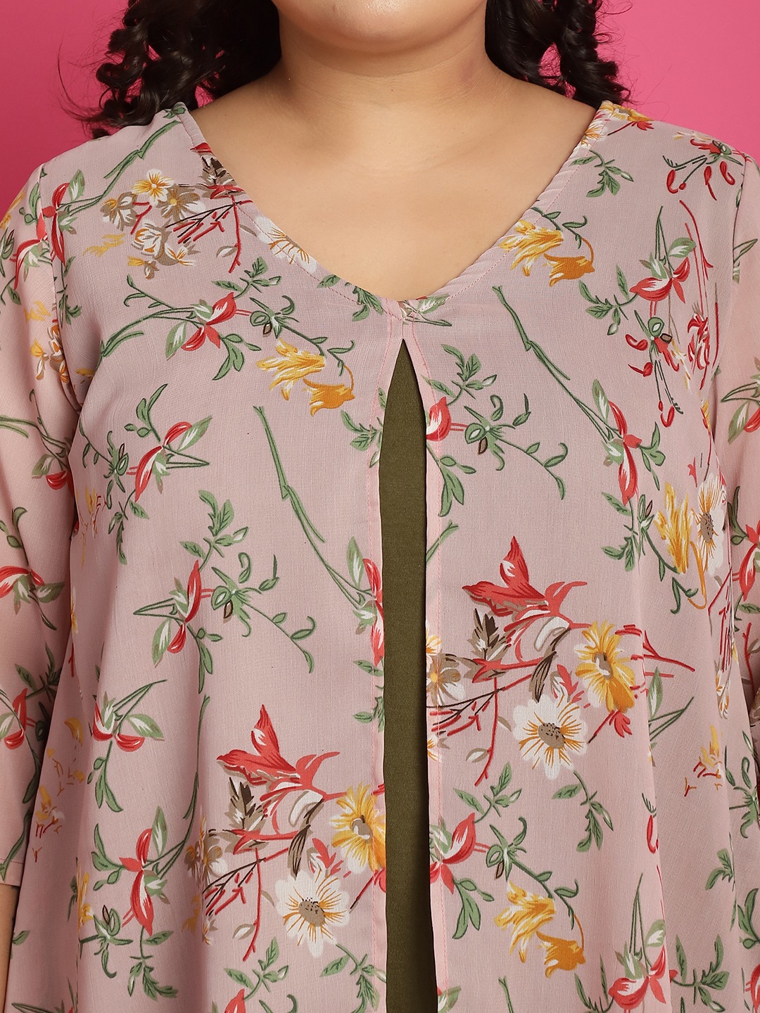 Women's Plus Size Pink & Olive Floral Printed Georgette Layered Longline Top with attached cotton Top