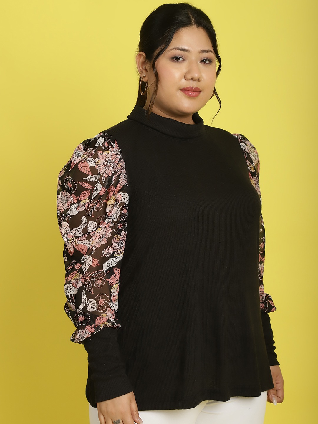 Women's Plus Size Black Pink and White floral Printed Longline Top