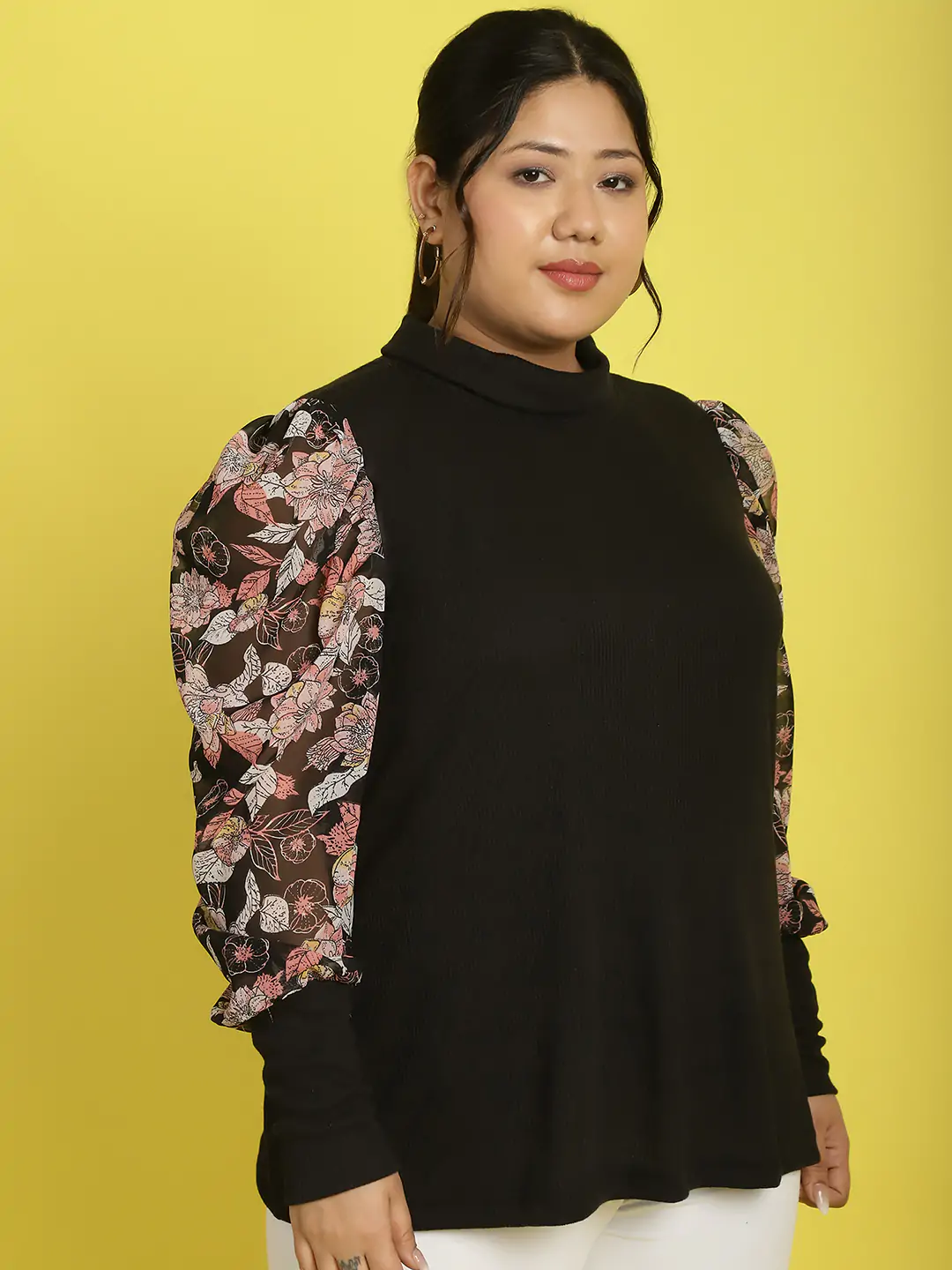 Women's Plus Size Black Pink and White floral Printed Longline Top