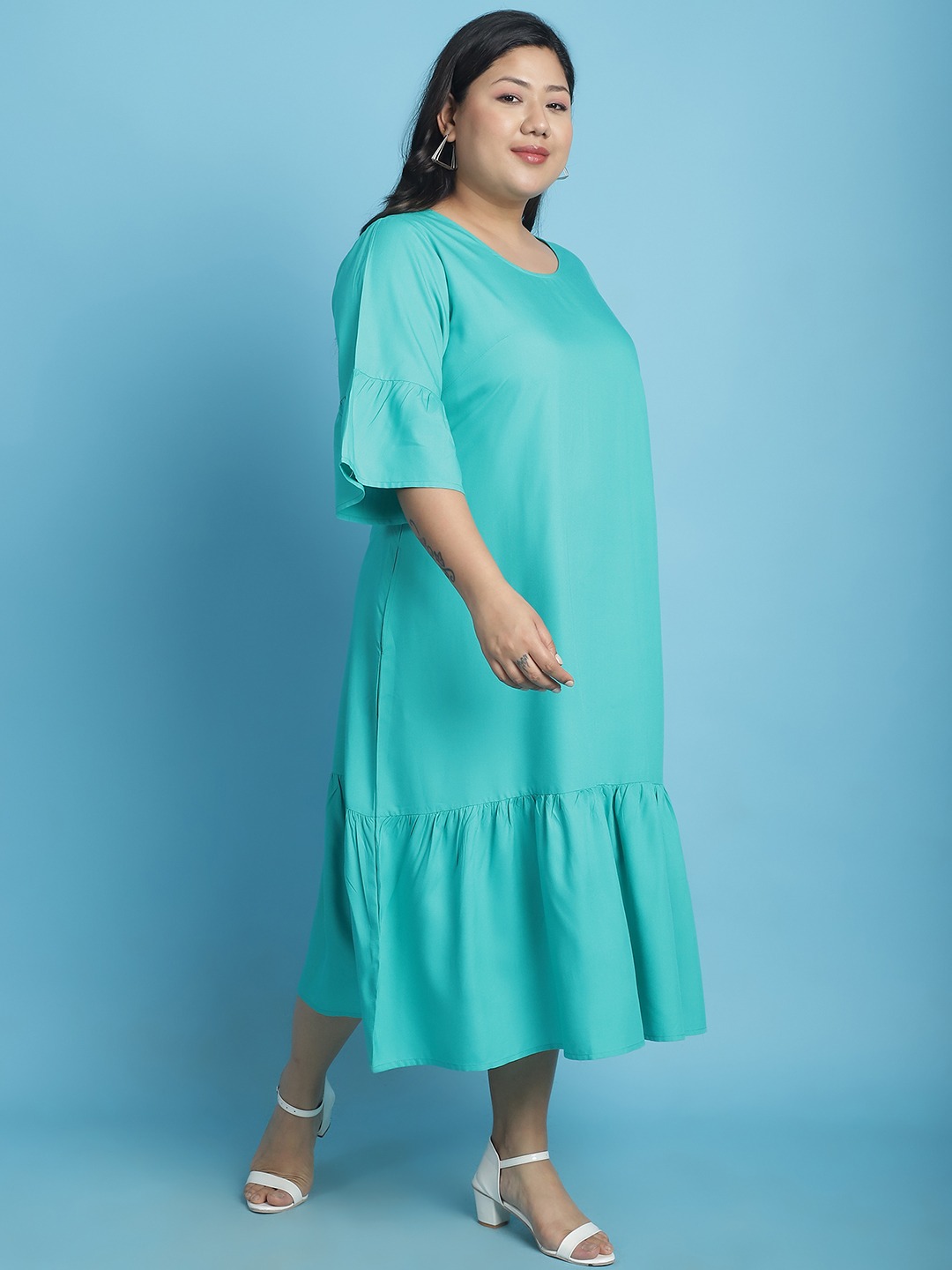 Women's Plus Size Teal Solid Color A-Line Midi Dress