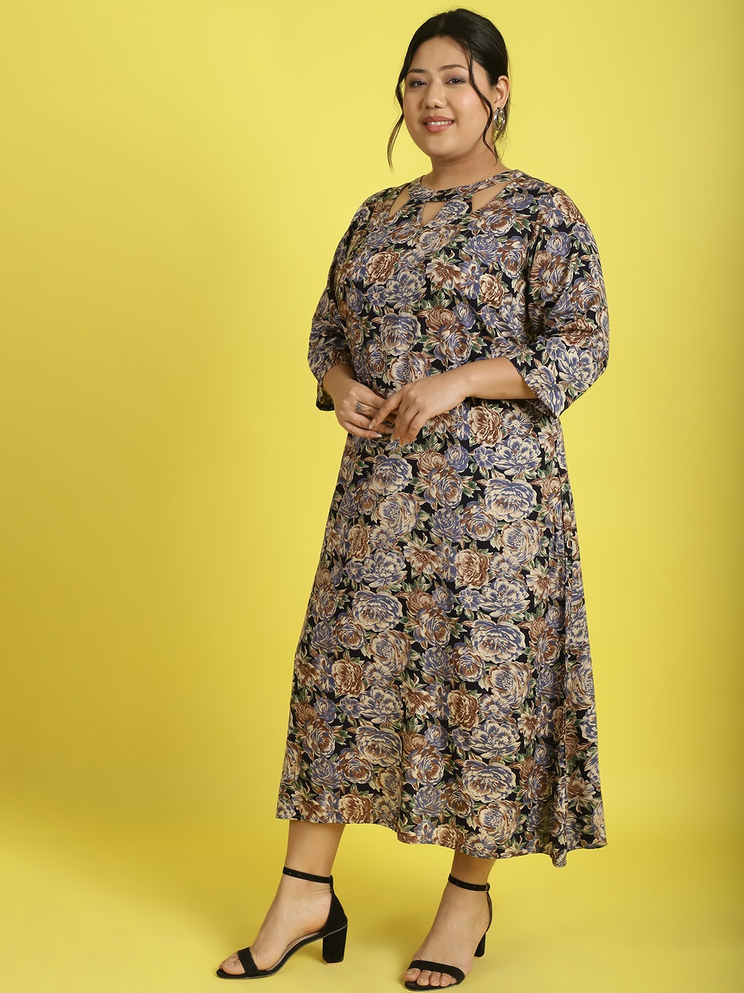 Women's Plus Size Navy Rose floral printed A-Line Midi dress