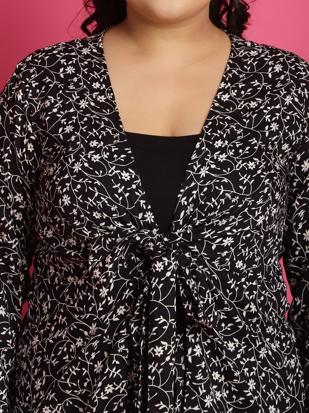 Women's Plus Size Black small floral printed tie-Up Shrug