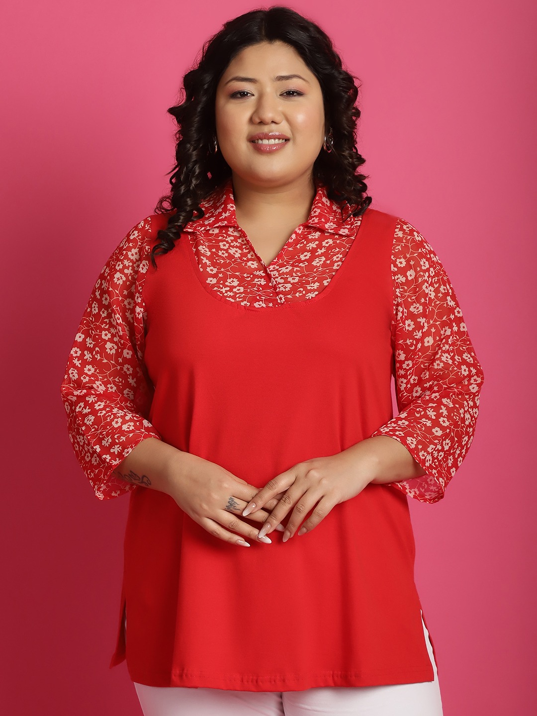 Women's Plus Size Red & White floral printed Top