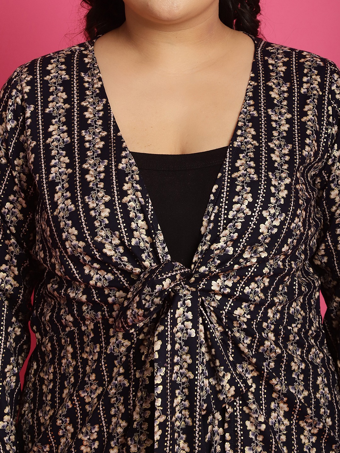 Women's Plus Size Navy Gold floral printed tie-up shrug