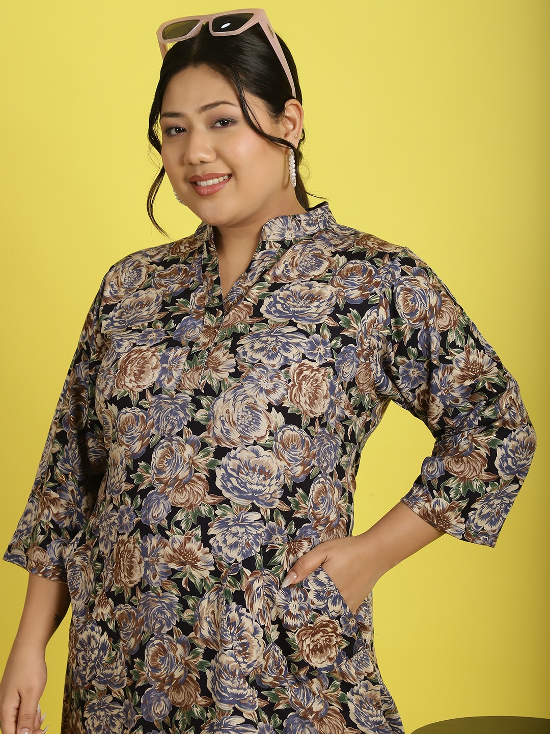 theRebelinme Plus Size Women's Navy Rose floral printed Shirt Midi dress
