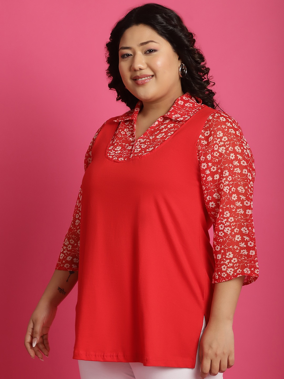 Women's Plus Size Red & White floral printed Top