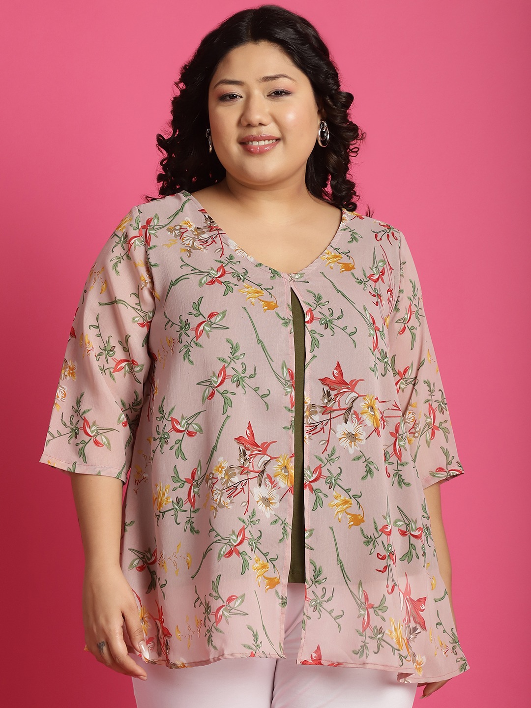 Women's Plus Size Pink & Olive Floral Printed Georgette Layered Longline Top with attached cotton Top