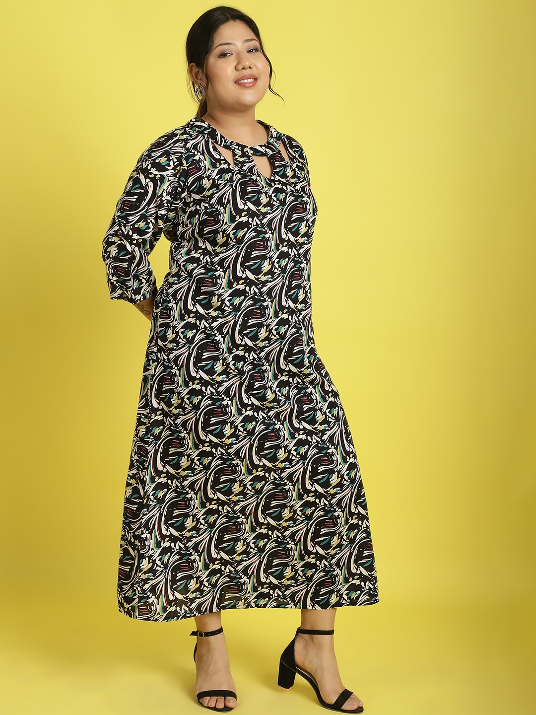 Women's Plus Size Black abstract printed A-Line Midi dress