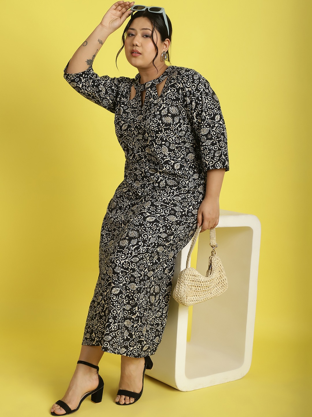 Women's Plus Size Black floral batik printed A-Line Midi dress