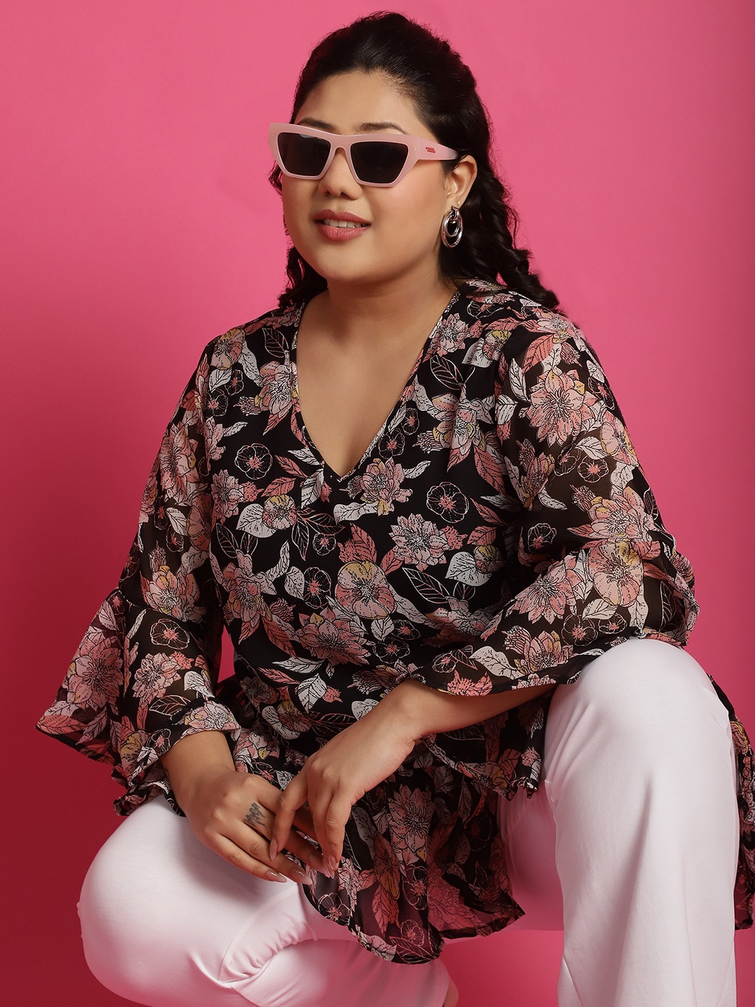 Women's Plus SizeBlack White and Pink Floral Printed Georgette Longline Wrap Top
