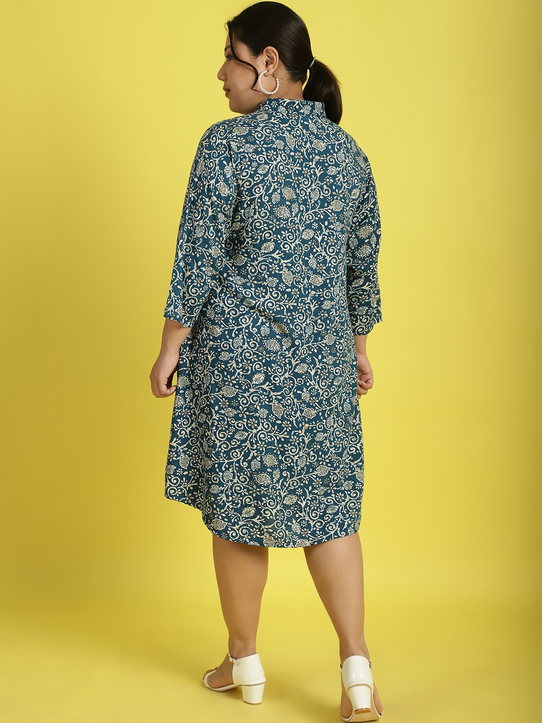 theRebelinme Plus Size Women's Teal floral batik printed Shirt Midi dress