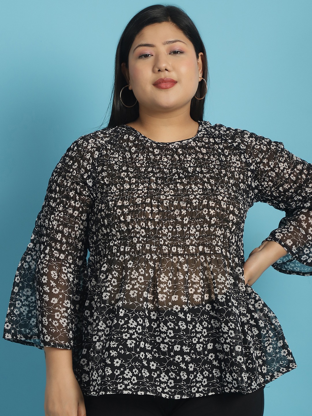 Women's Plus Size Black & White floral print Georgette Semi Sheer Peplum Top