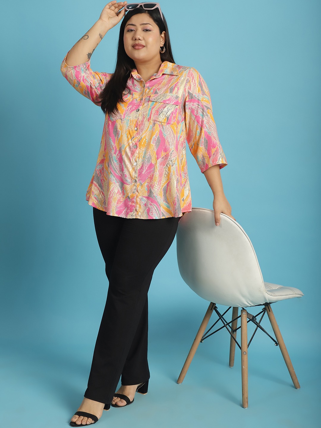 Women's Plus Size Pink Gold Foil Floral abstract printed casual shirt