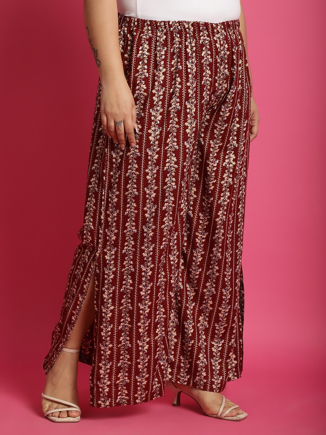 Women's Plus Size MaroonBeige & Gold floral printed Wide Leg Mid-Rise Palazzo