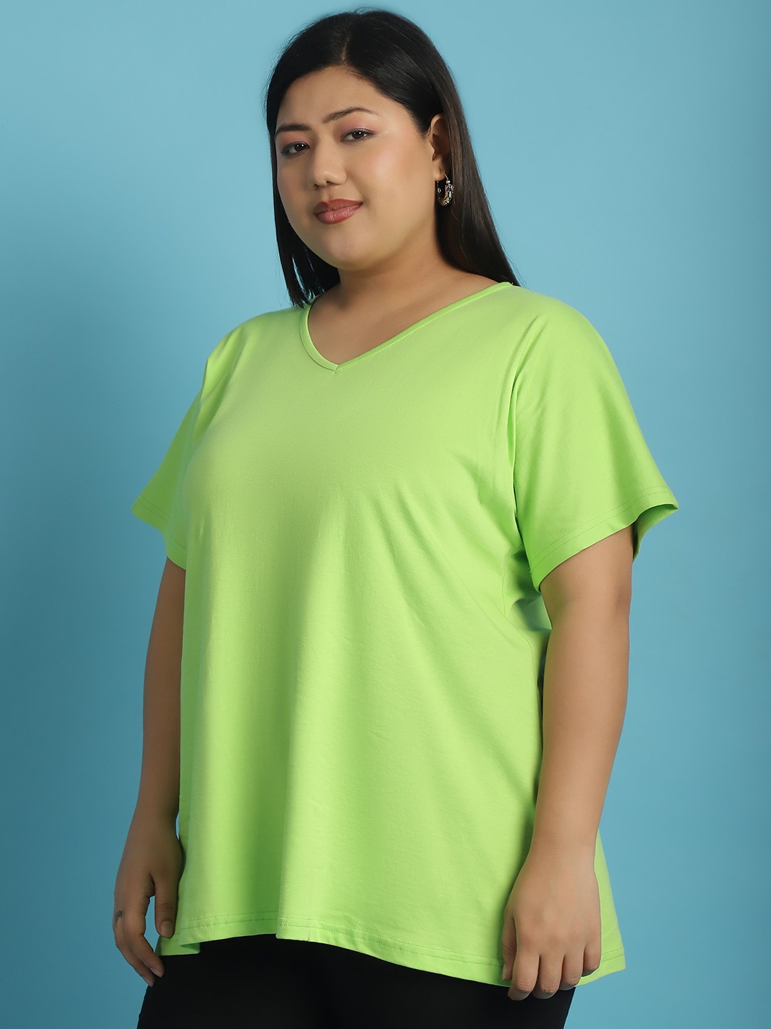 Women's Plus Size Bright Green solid color cotton knitted T-shirt