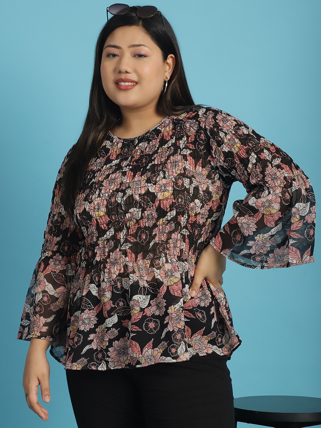 Women's Plus Size Black White and Pink floral print Georgette Semi Sheer Peplum Top