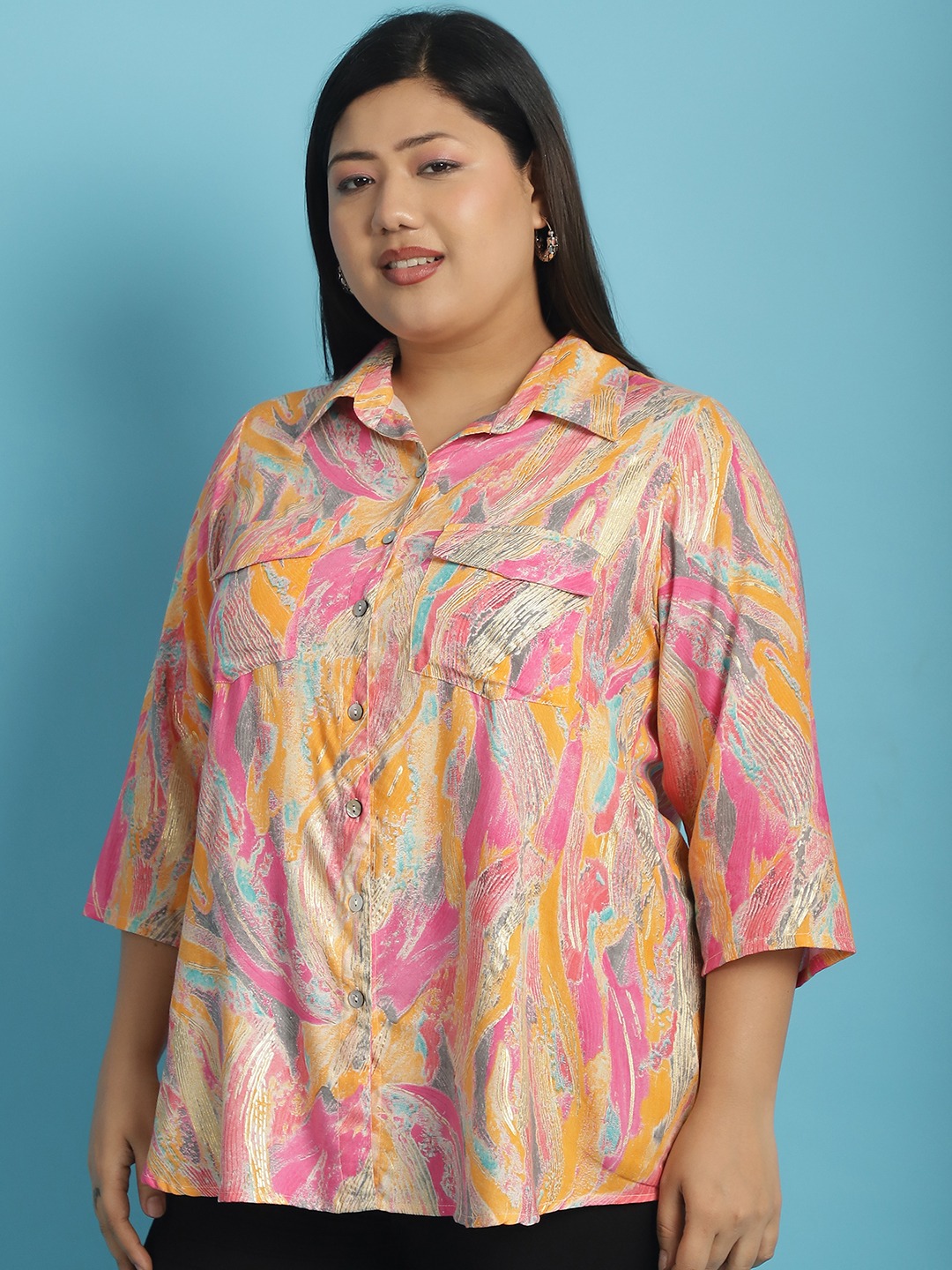 Women's Plus Size Pink Gold Foil Floral abstract printed casual shirt