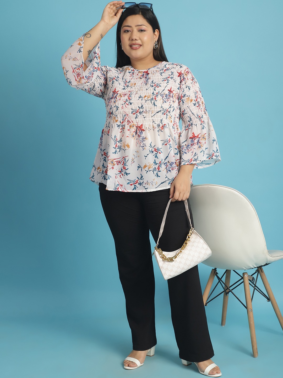 Women's Plus Size White Red and Blue floral print Georgette Semi Sheer Peplum Top