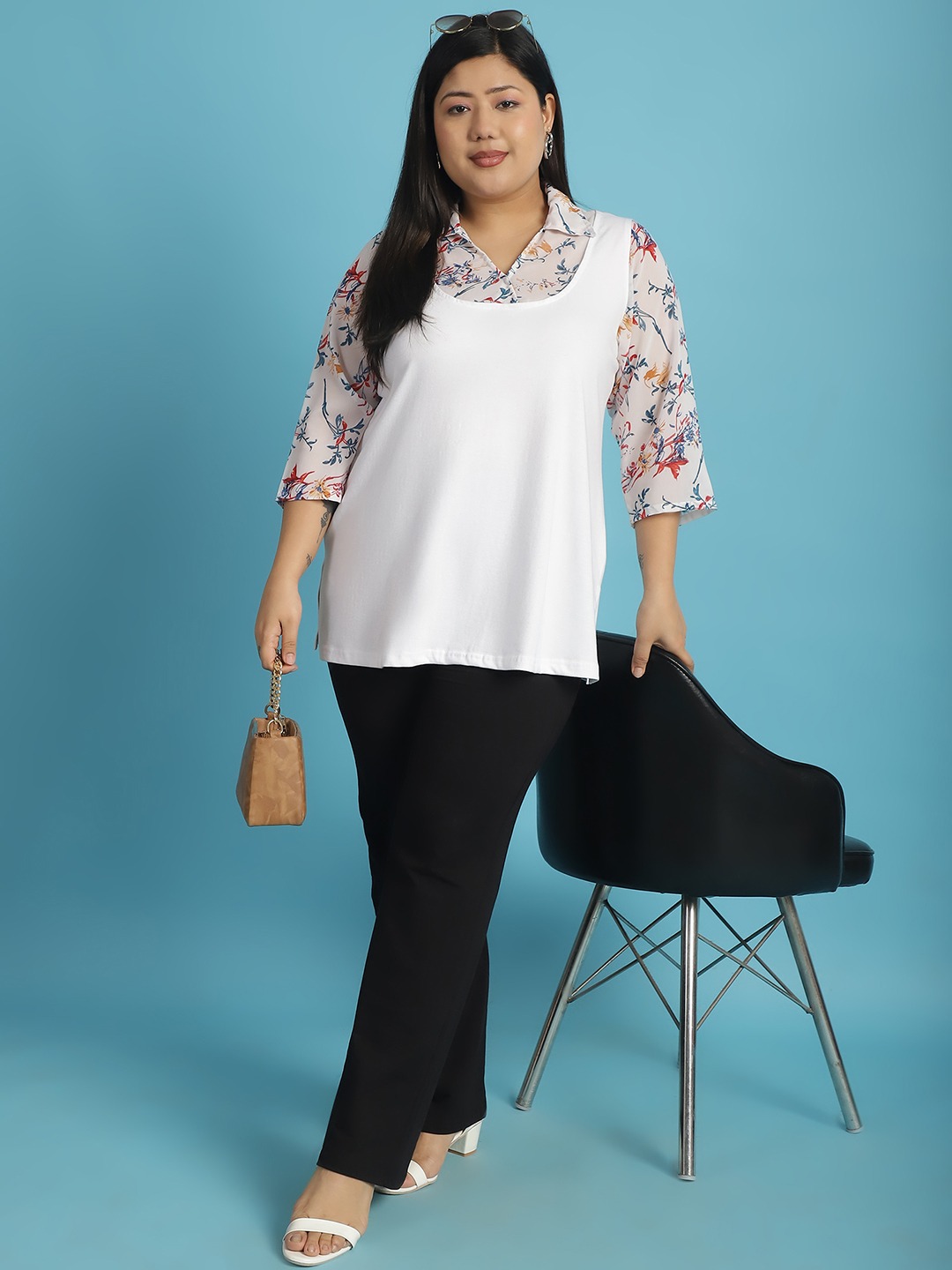 Women's Plus Size White Pink & Blue floral printed Top