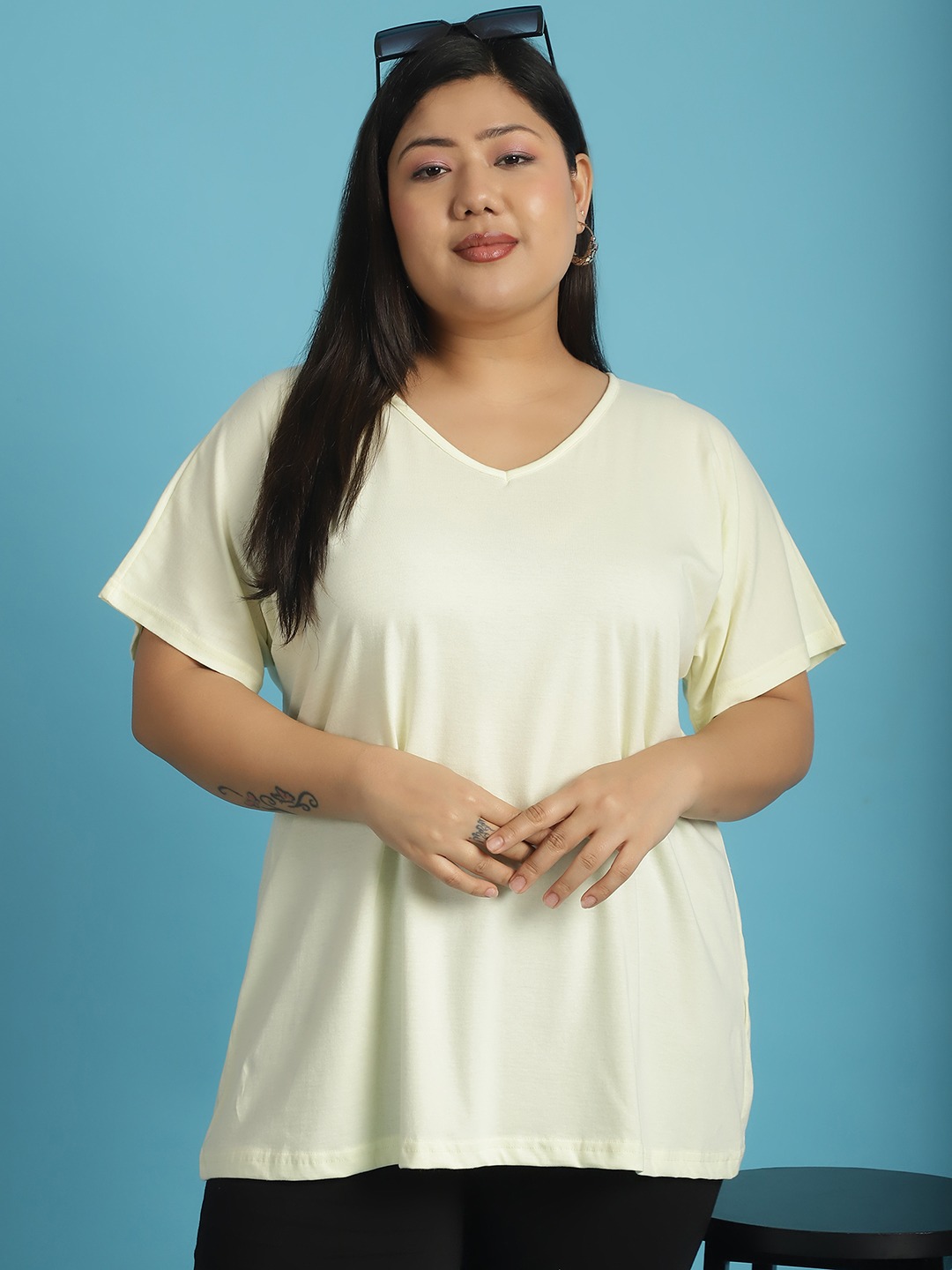 Women's Plus Size Pale Yellow solid color cotton knitted T-shirt