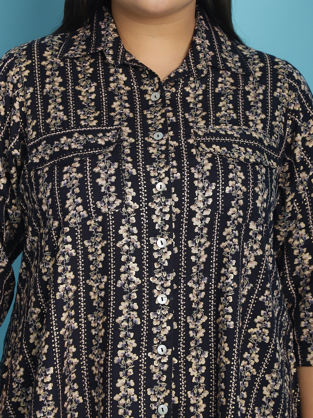 Women's Plus Size Navy Gold Floral abstract printed casual shirt