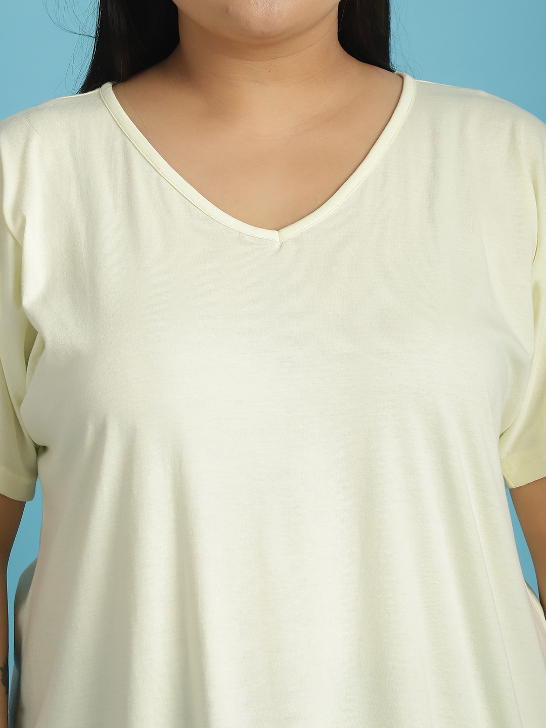 Women's Plus Size Pale Yellow solid color cotton knitted T-shirt