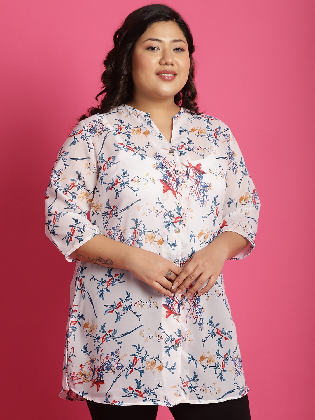 Women's Plus Size White Red & Blue floral print Longline Casual Shirt