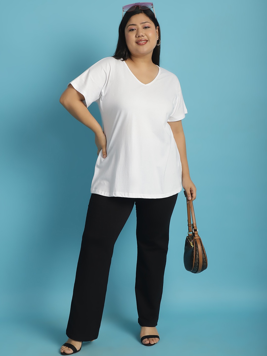 Women's Plus Size White solid color cotton knitted T-shirt