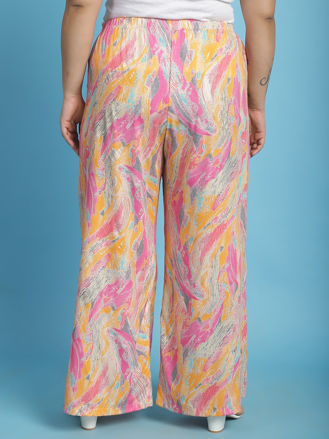 Women's Plus Size Pink Gold Foil printed Wide Leg Mid-Rise Palazzo