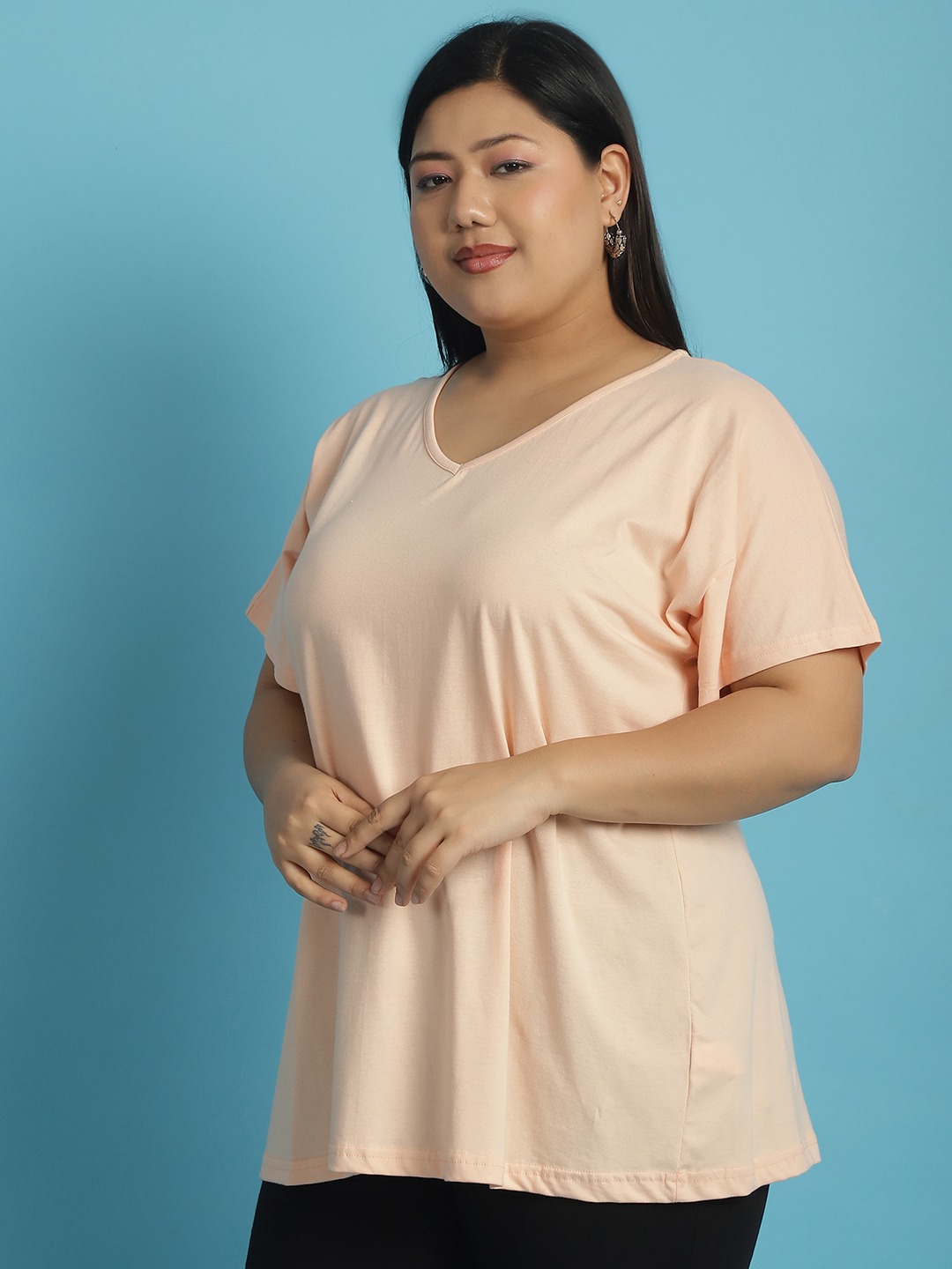Women's Plus Size Light Peach solid color cotton knitted T-shirt