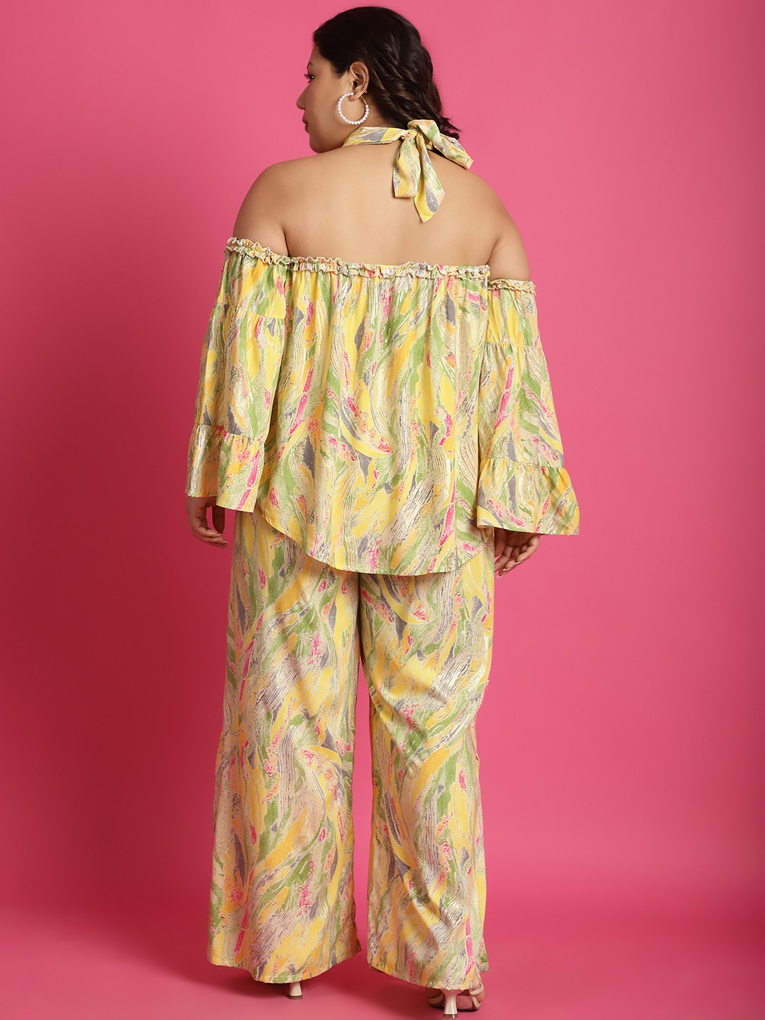 Women's Plus Size Yellow Gold Foil floral printed Top with Palazzo Set Top has a tie-up detail at back