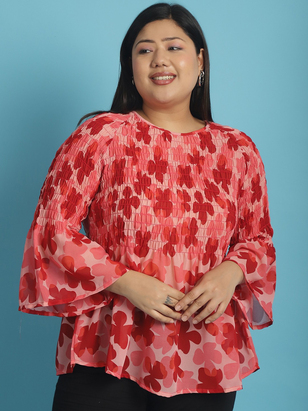 Women's Plus Size Pink Orange and Red floral print Georgette Semi Sheer Peplum Top