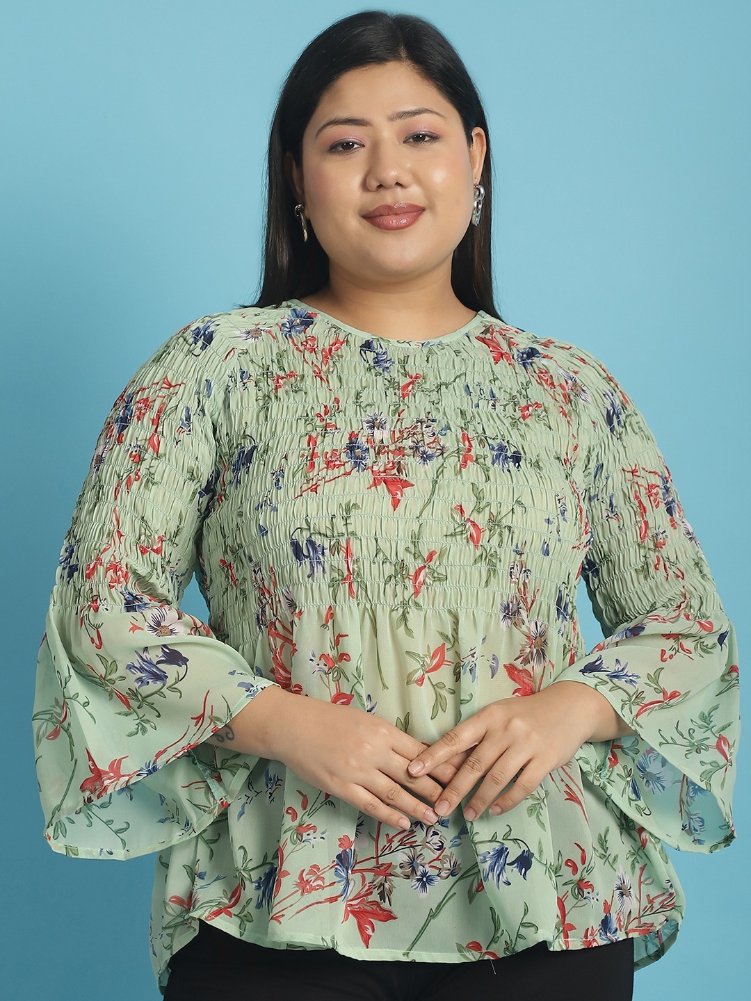 Women's Plus Size Green Sea Green and Red floral print Georgette Semi Sheer Peplum Top