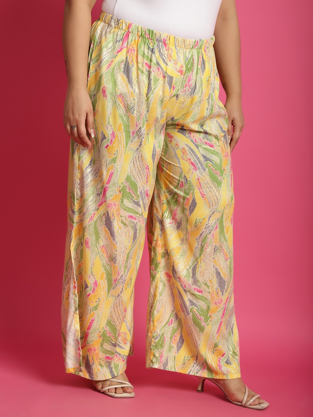 Women's Plus Size Yellow Gold Foil printed Wide Leg Mid-Rise Palazzo