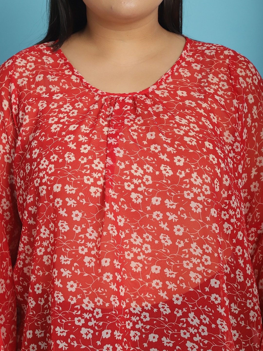 Women's Plus Size Red & White floral print Georgette Longline Top