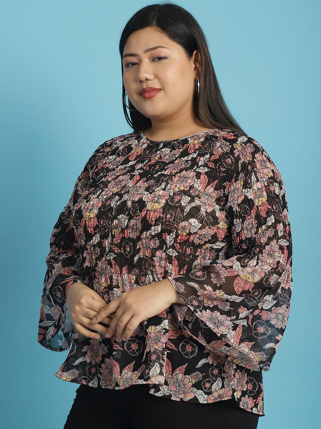 Women's Plus Size Black White and Pink floral print Georgette Semi Sheer Peplum Top