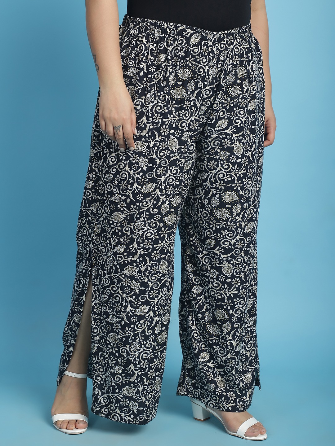 Women's Plus Size Black floral batik printed Wide Leg Mid-Rise Palazzo