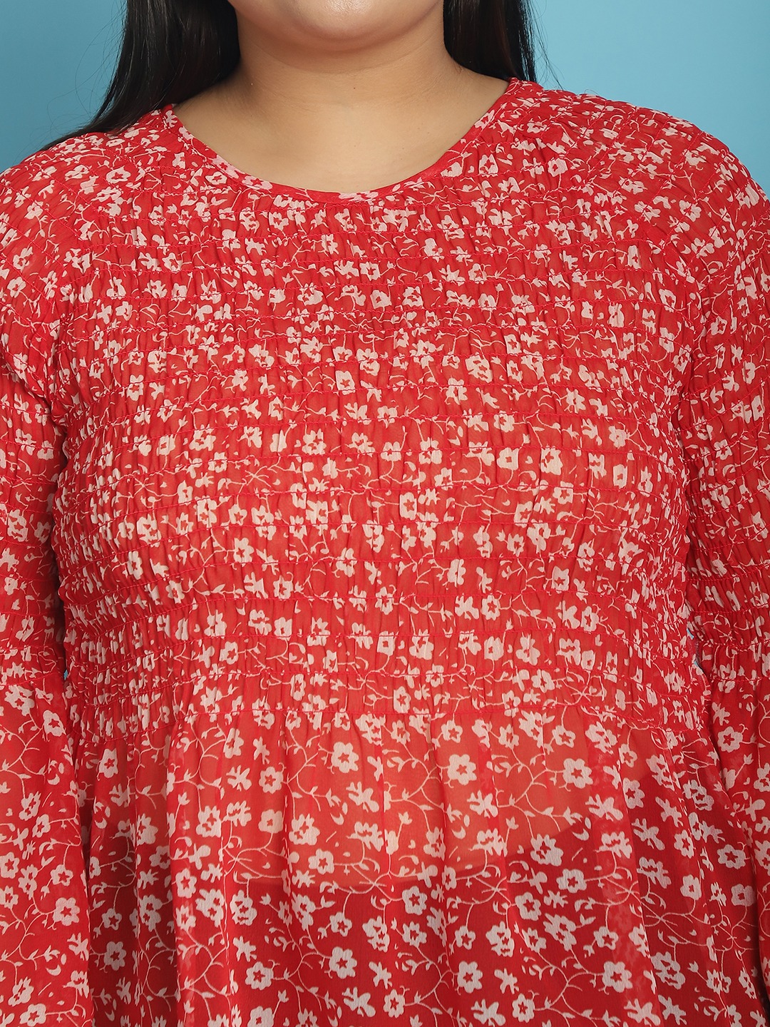 Women's Plus Size Red and White floral print Georgette Semi Sheer Peplum Top