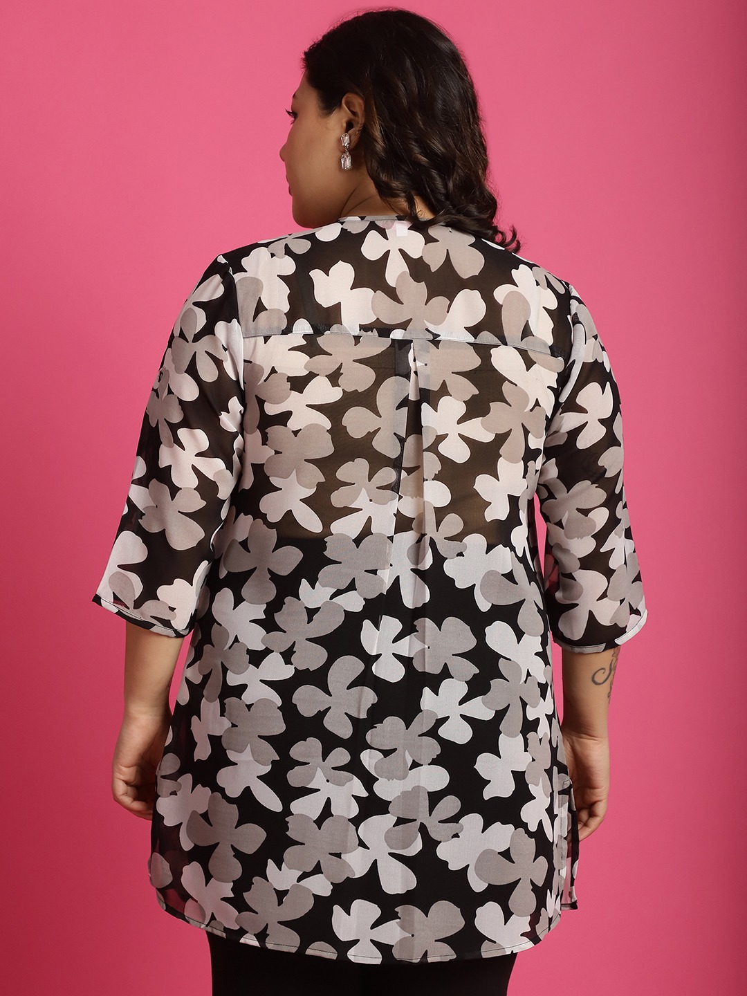 Women's Plus Size Black White & Grey floral print Longline Casual Shirt