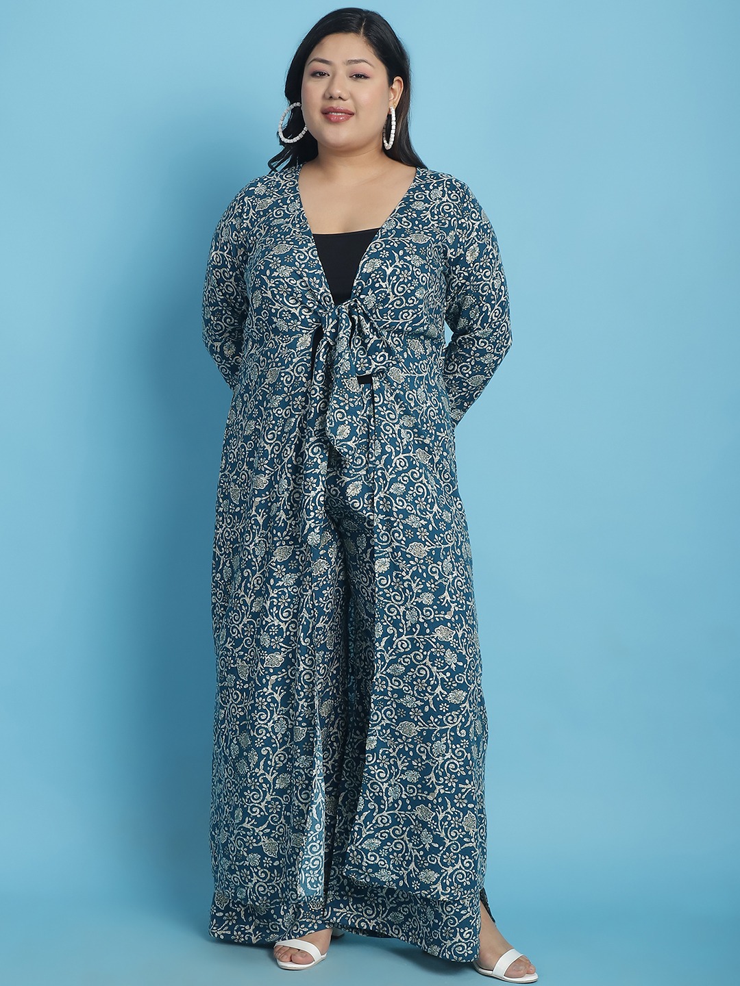 Women's Plus Size Teal floral batik printed tie-up Longline Shrug
