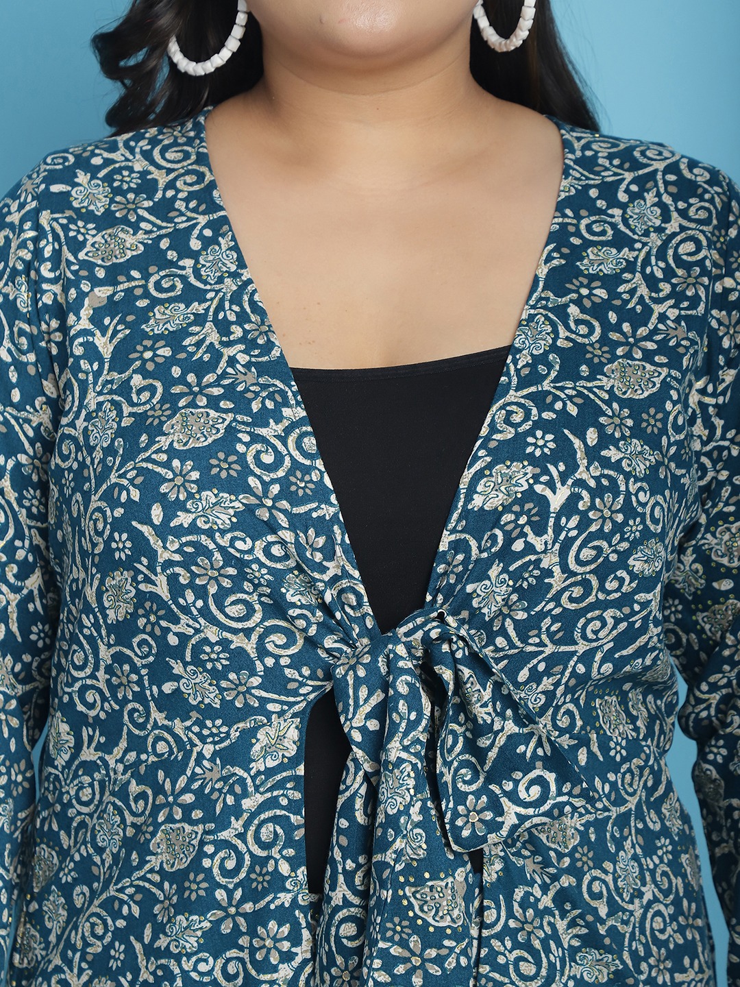 Women's Plus Size Teal floral batik printed tie-up Longline Shrug